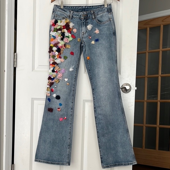 J. Galt Denim - Custom Floral Embellished wide leg flare low rise J. Galt Shanghai Jeans small
